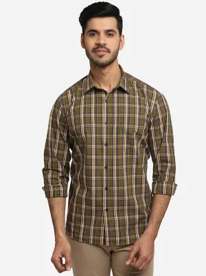 Olive Green & Blue Checked Regular Fit Semi Casual Shirt | Greenfibre