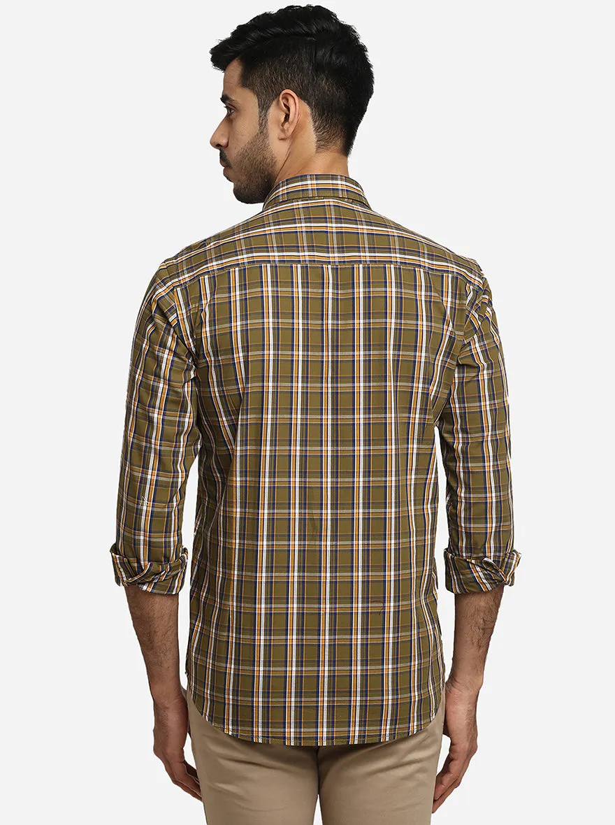 Olive Green & Blue Checked Regular Fit Semi Casual Shirt | Greenfibre