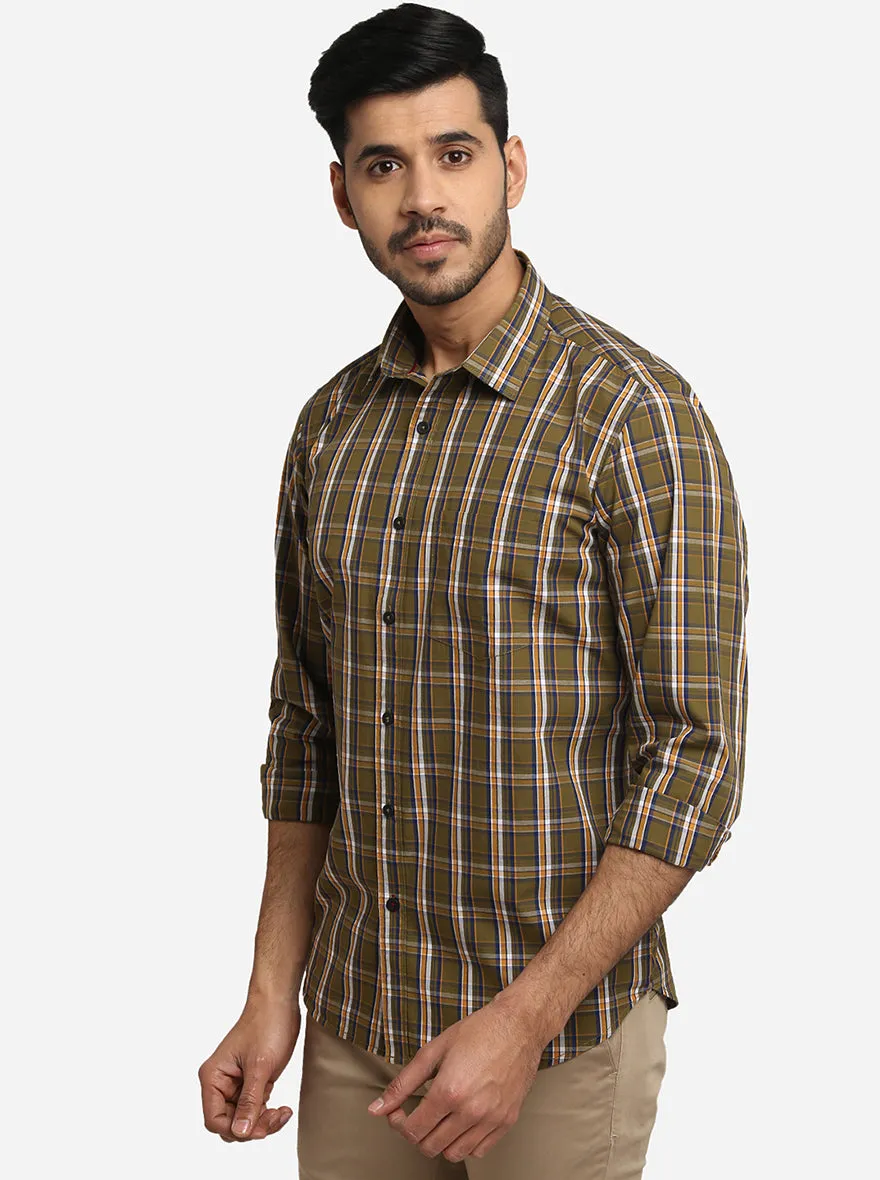 Olive Green & Blue Checked Regular Fit Semi Casual Shirt | Greenfibre