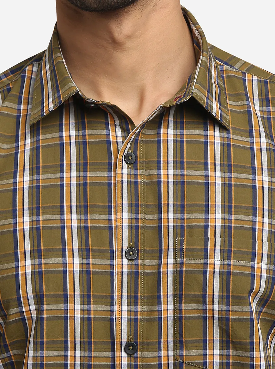 Olive Green & Blue Checked Regular Fit Semi Casual Shirt | Greenfibre