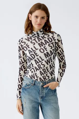 Oui High Neck Top White/Black Print