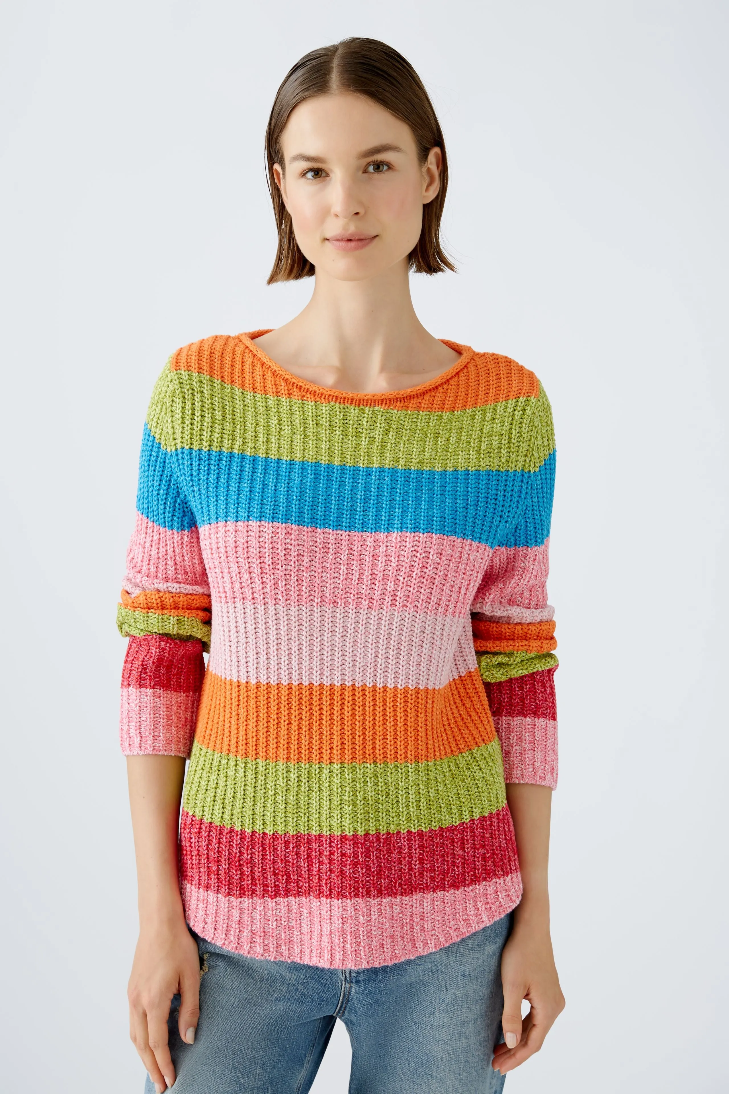 Oui Knit Ribbed Sweater With Multi Stripes