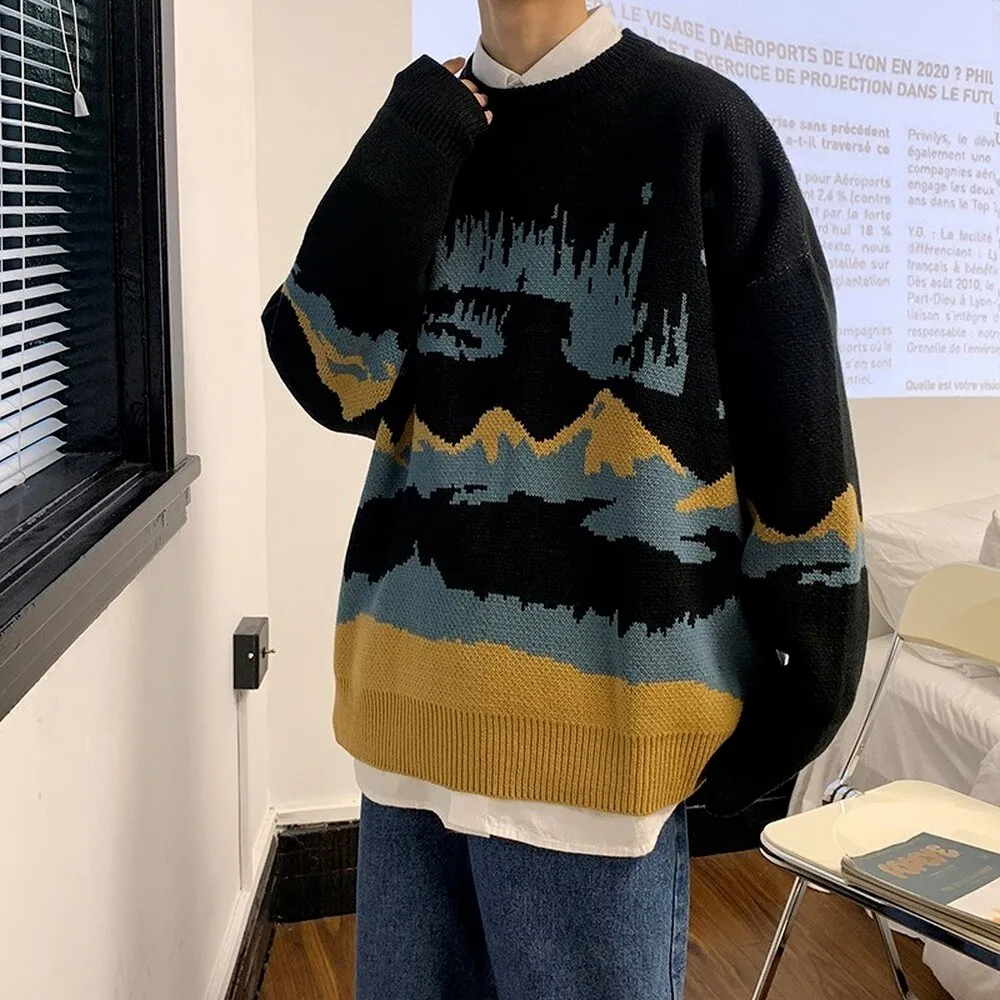 Oversized Winter Men Sweater - Mountain Pattern