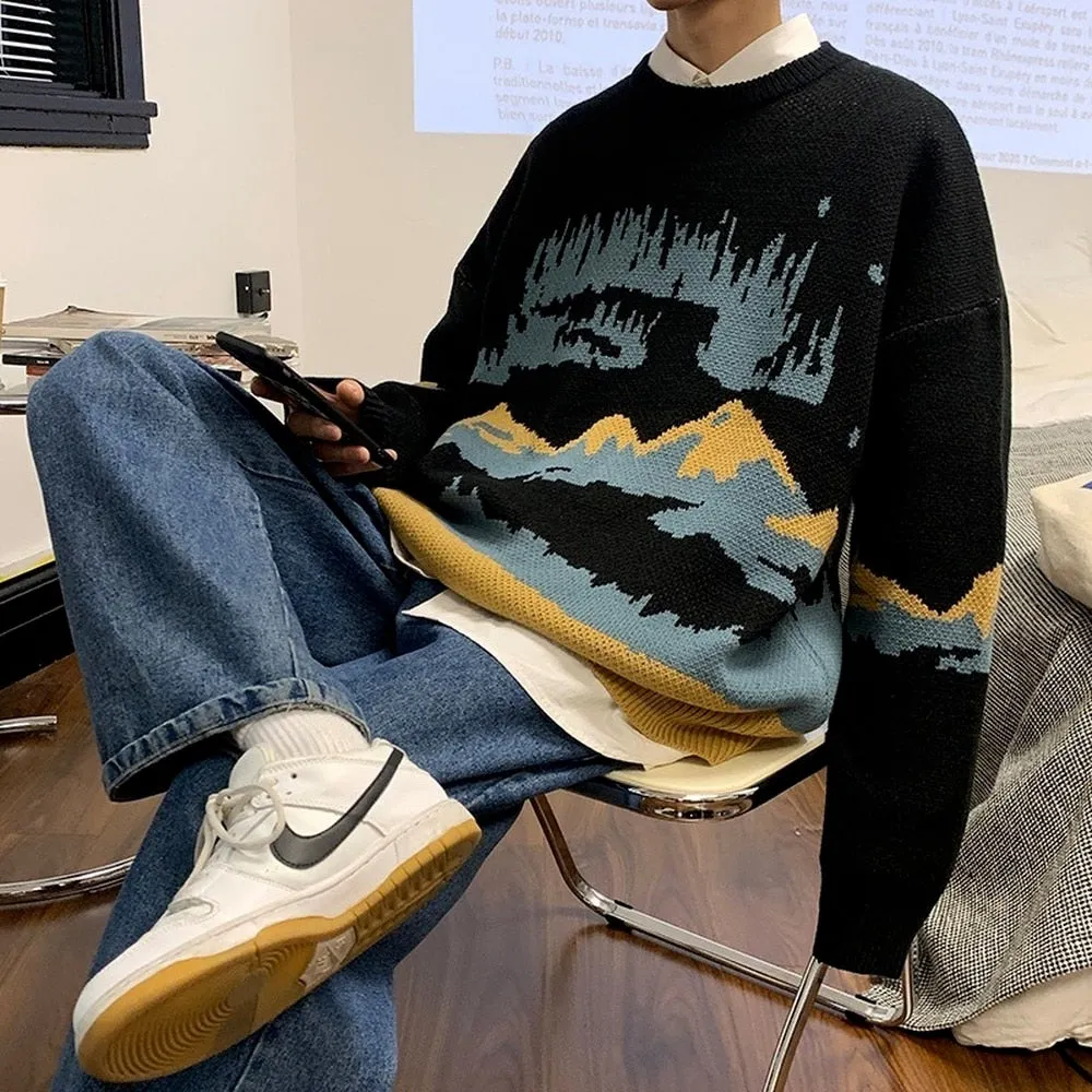 Oversized Winter Men Sweater - Mountain Pattern