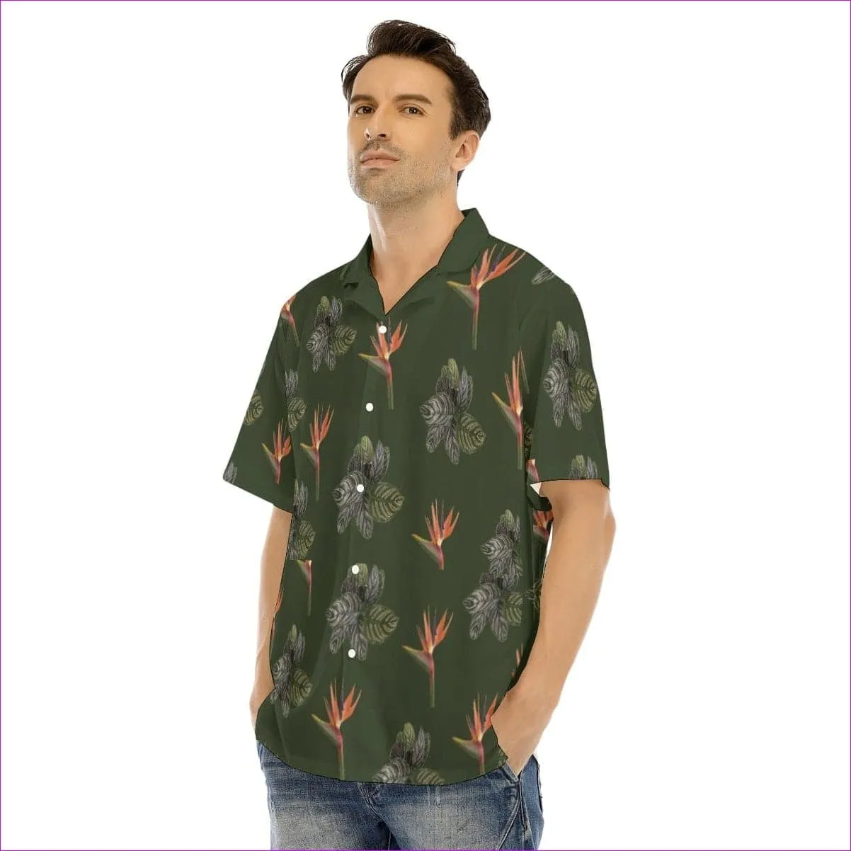 Paradise Men's Army Green Hawaiian Shirt With Button Closure