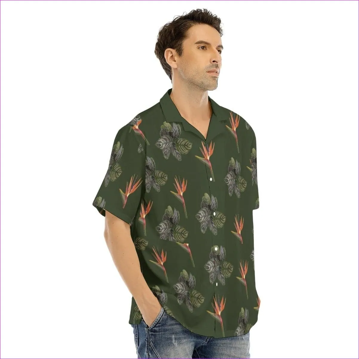 Paradise Men's Army Green Hawaiian Shirt With Button Closure