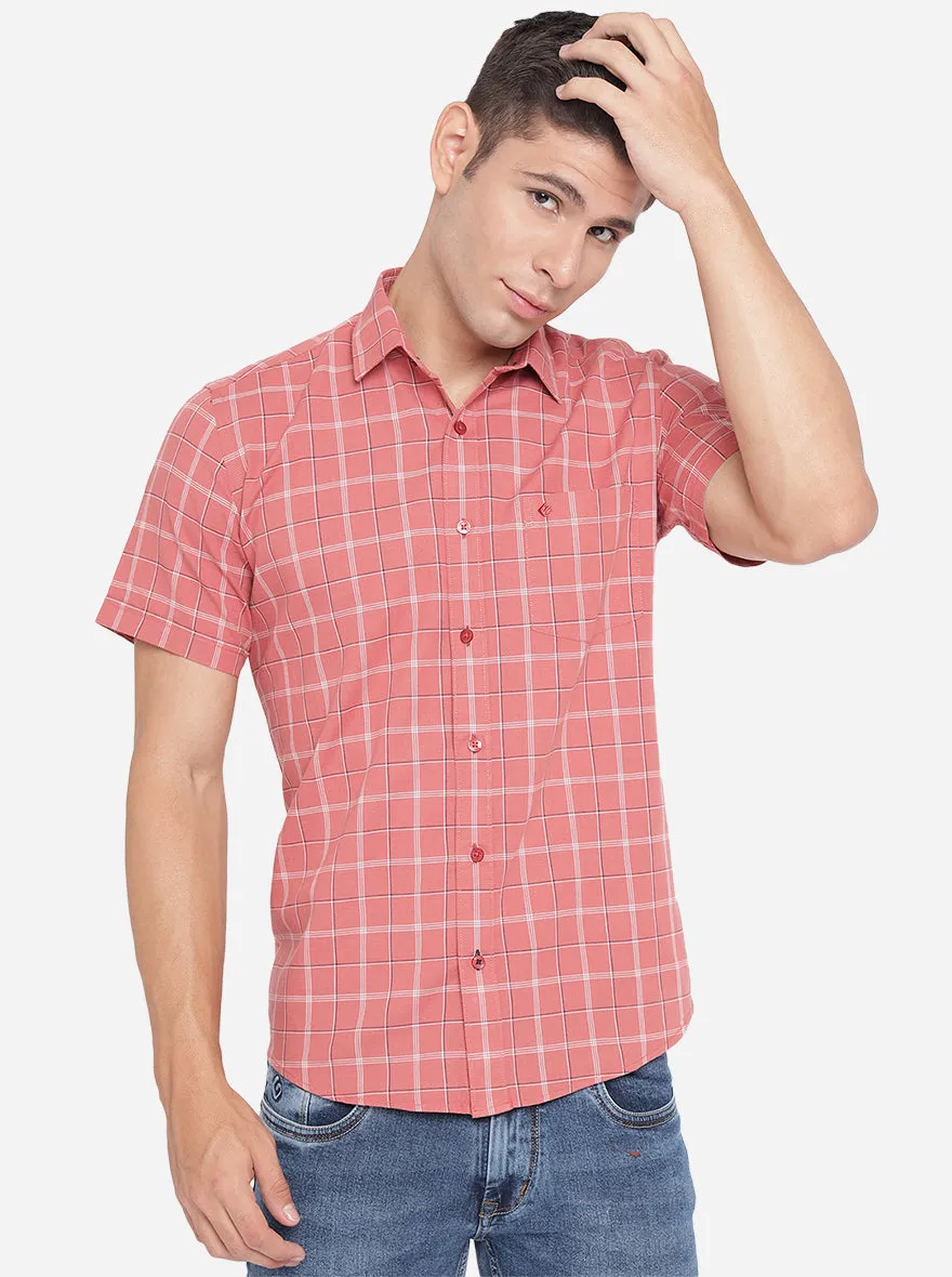 Peach Checked Slim Fit Casual Shirt | Greenfibre