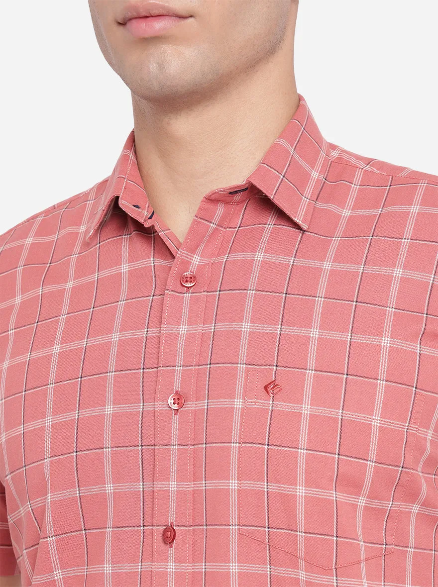 Peach Checked Slim Fit Casual Shirt | Greenfibre