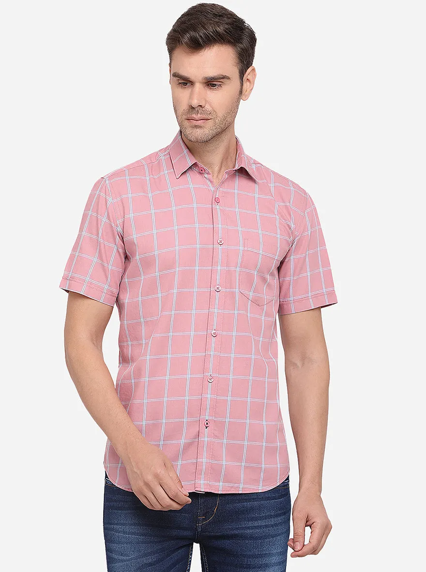 Peach Checked Slim Fit Semi Casual Shirt | Greenfibre