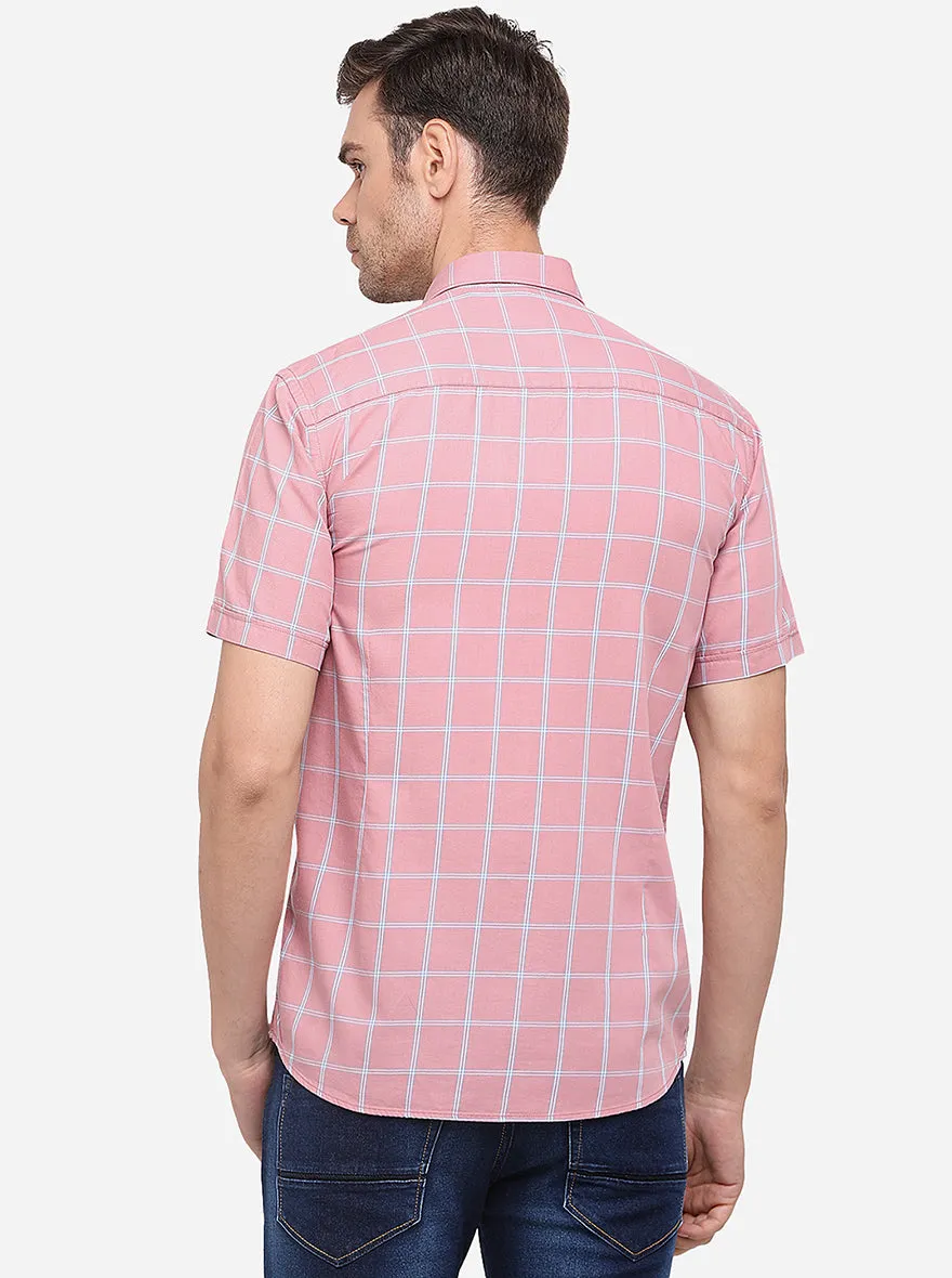 Peach Checked Slim Fit Semi Casual Shirt | Greenfibre