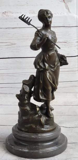 Peasant Farmer Girl w/ Rake & Harvest Bronze Statue Sculpture Figure Desmure 12" x 6"