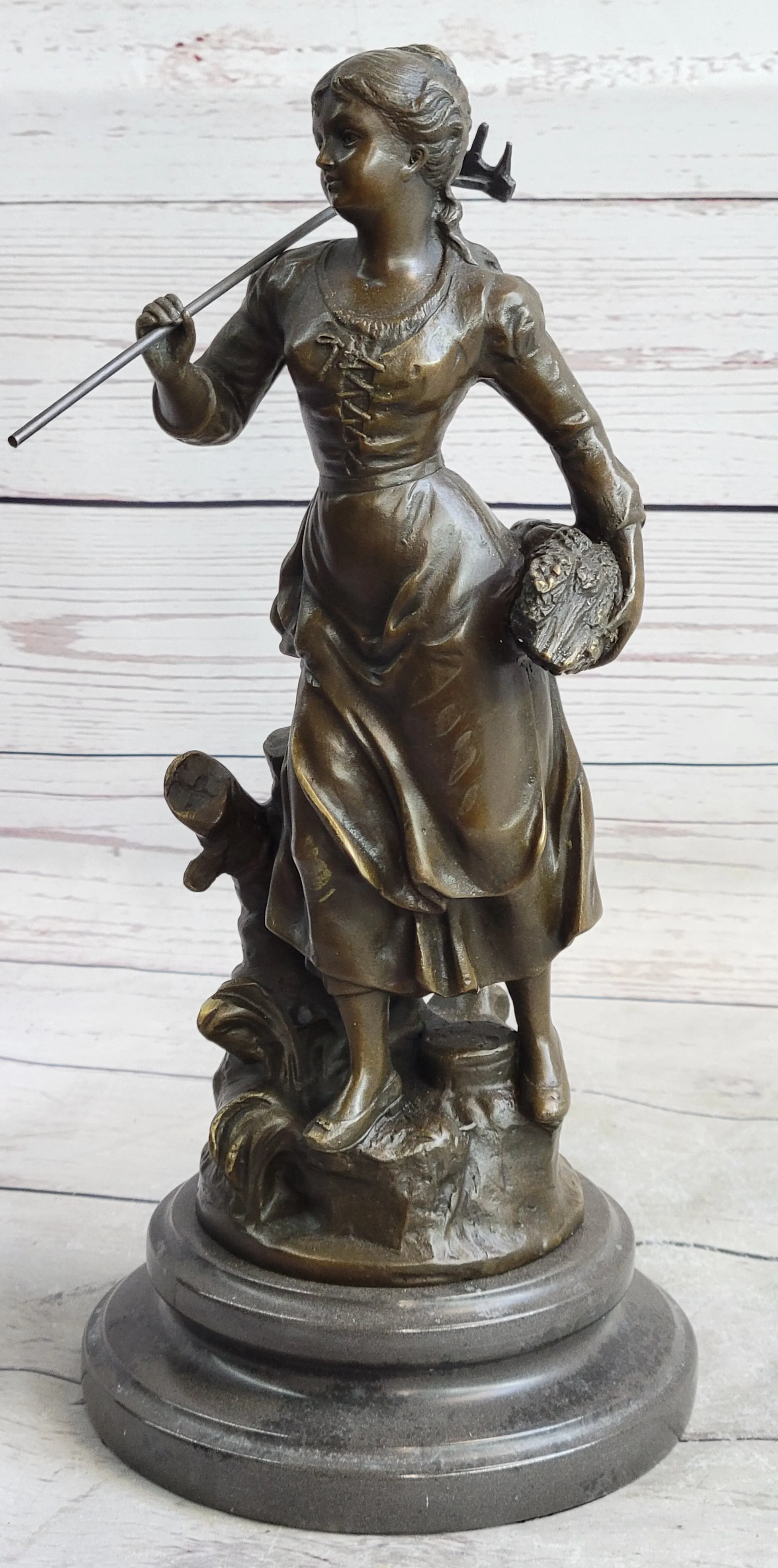 Peasant Farmer Girl w/ Rake & Harvest Bronze Statue Sculpture Figure Desmure 12" x 6"