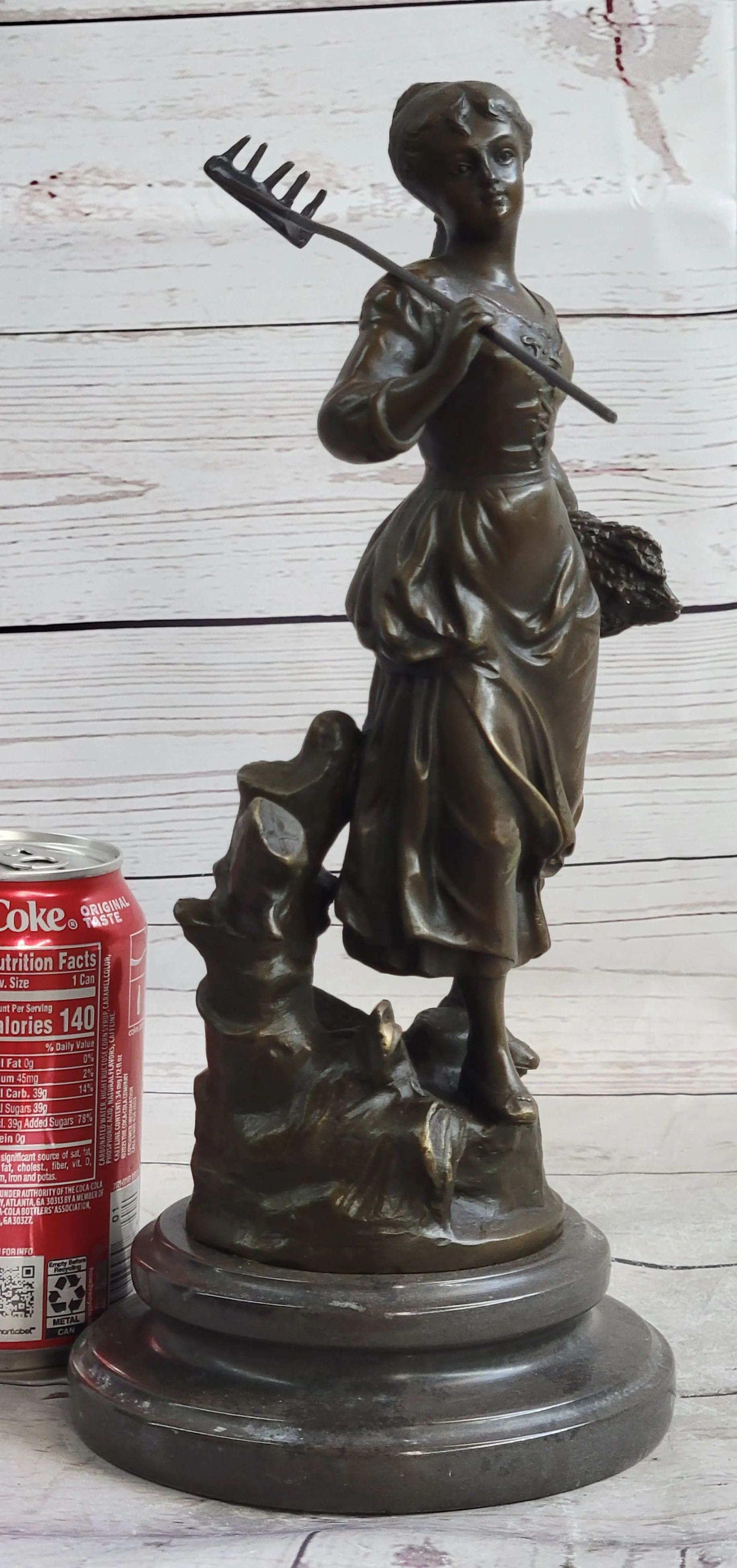 Peasant Farmer Girl w/ Rake & Harvest Bronze Statue Sculpture Figure Desmure 12" x 6"