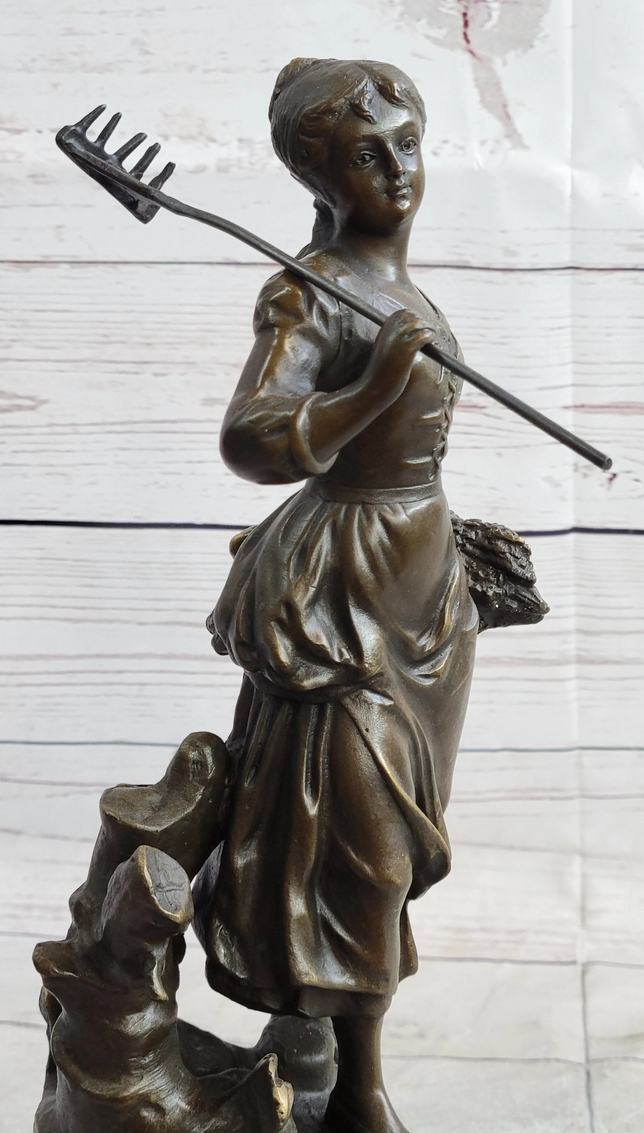 Peasant Farmer Girl w/ Rake & Harvest Bronze Statue Sculpture Figure Desmure 12" x 6"