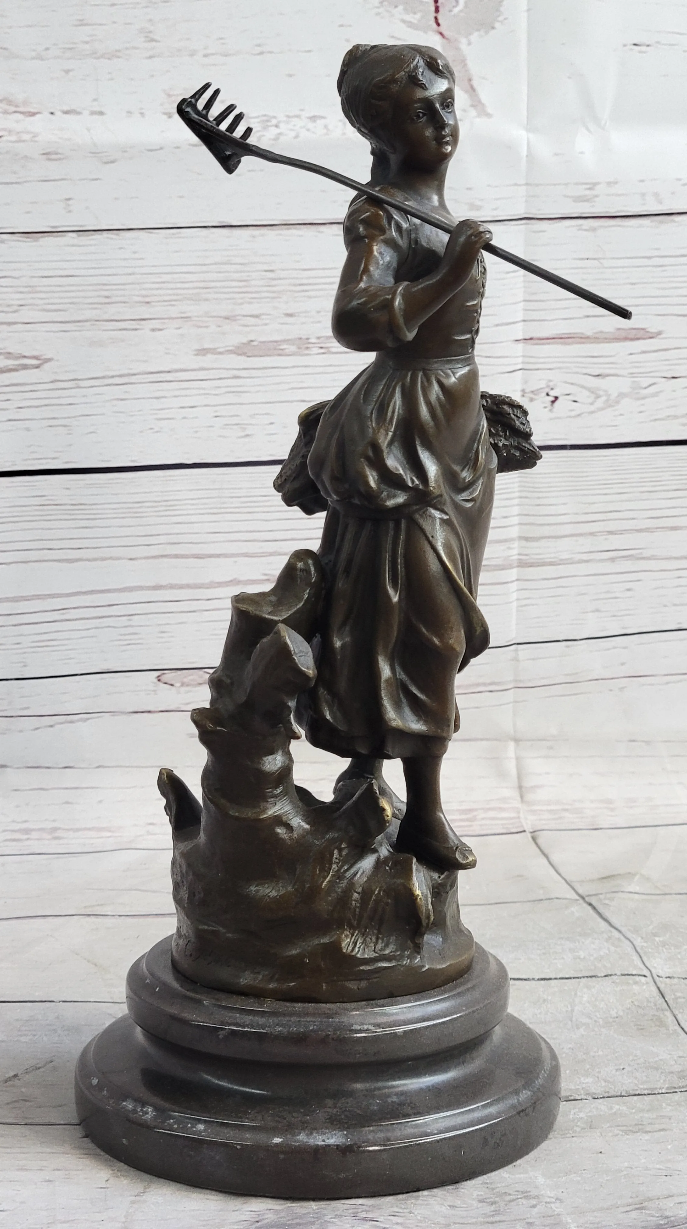 Peasant Farmer Girl w/ Rake & Harvest Bronze Statue Sculpture Figure Desmure 12" x 6"