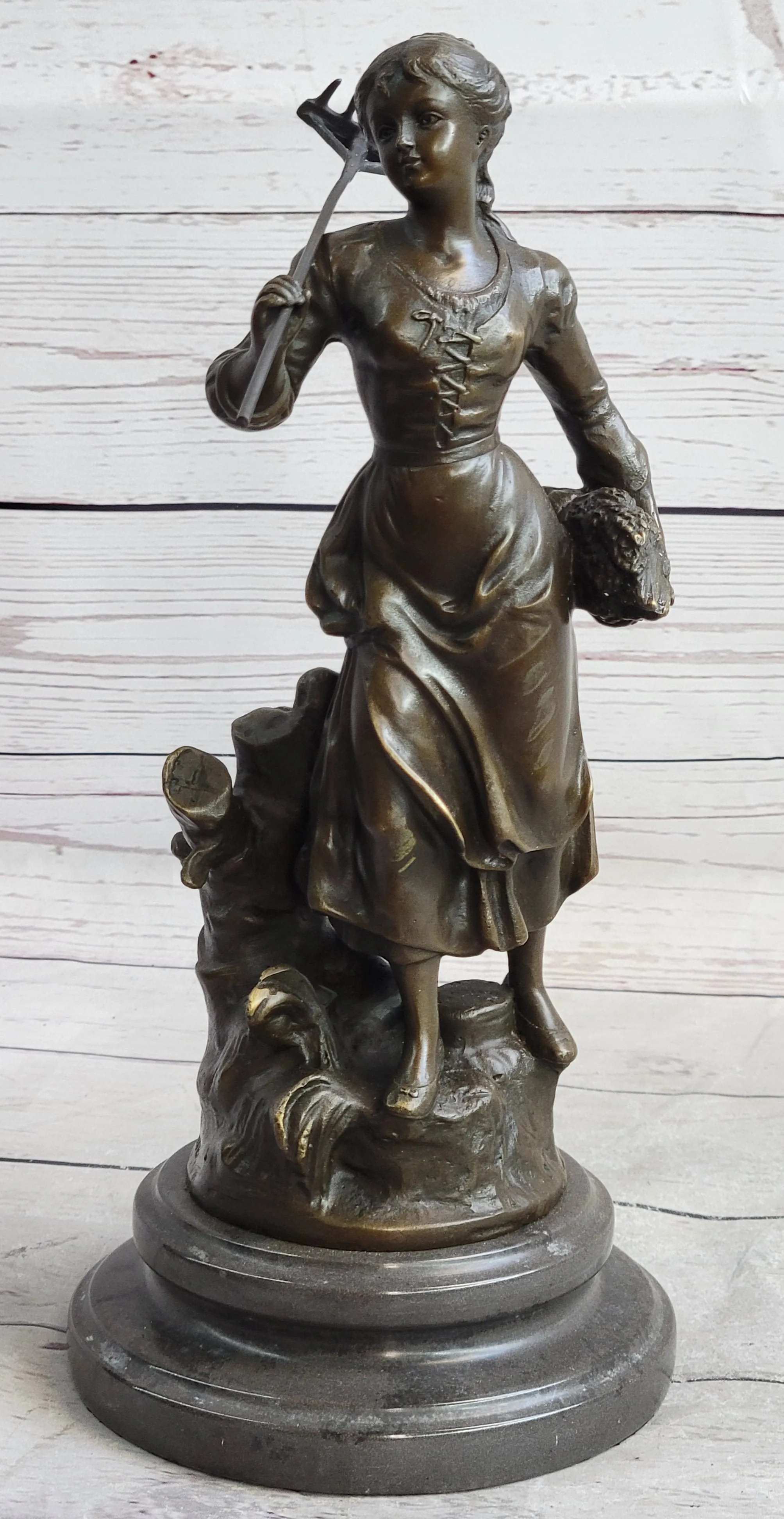 Peasant Farmer Girl w/ Rake & Harvest Bronze Statue Sculpture Figure Desmure 12" x 6"