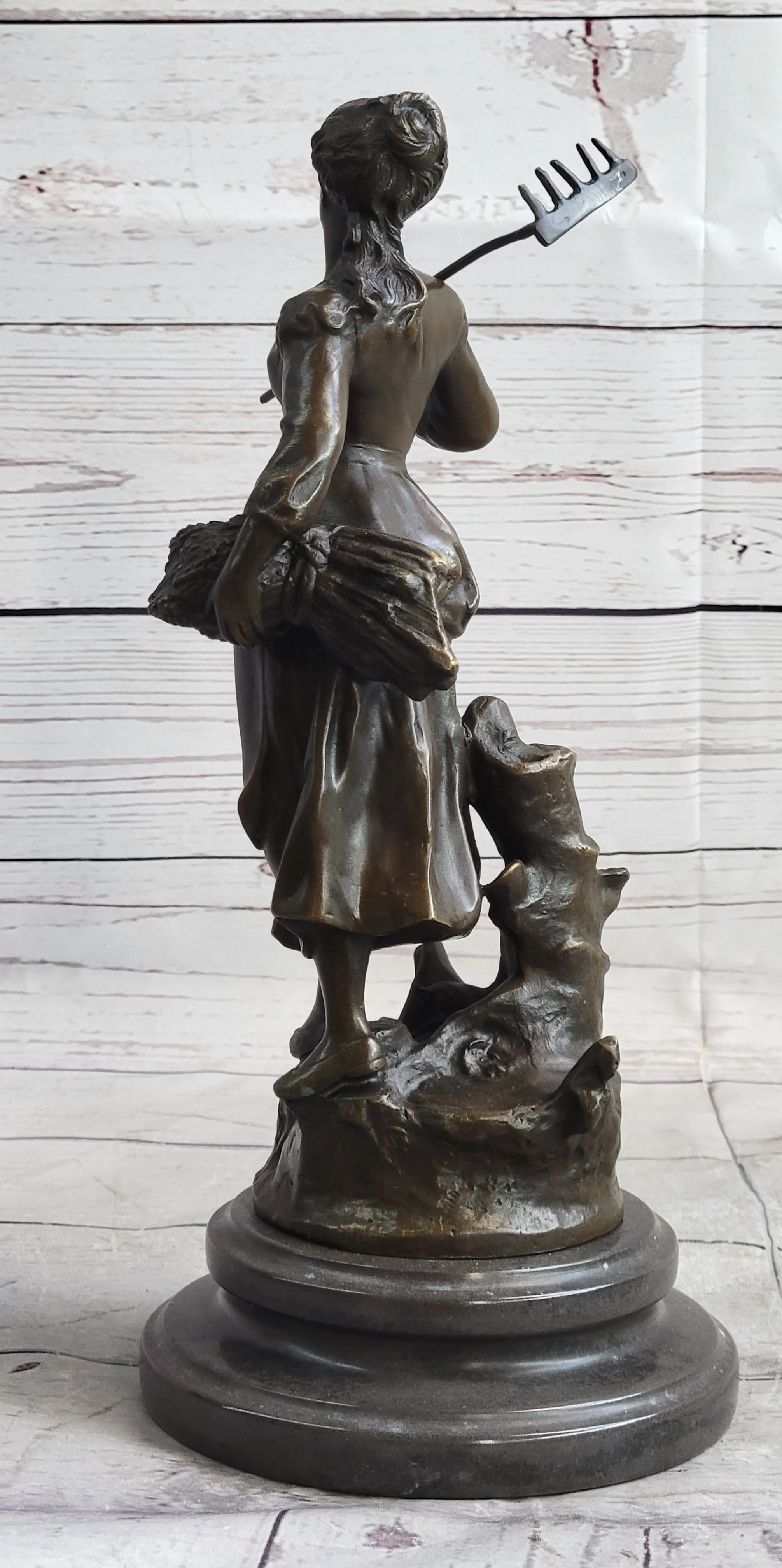 Peasant Farmer Girl w/ Rake & Harvest Bronze Statue Sculpture Figure Desmure 12" x 6"