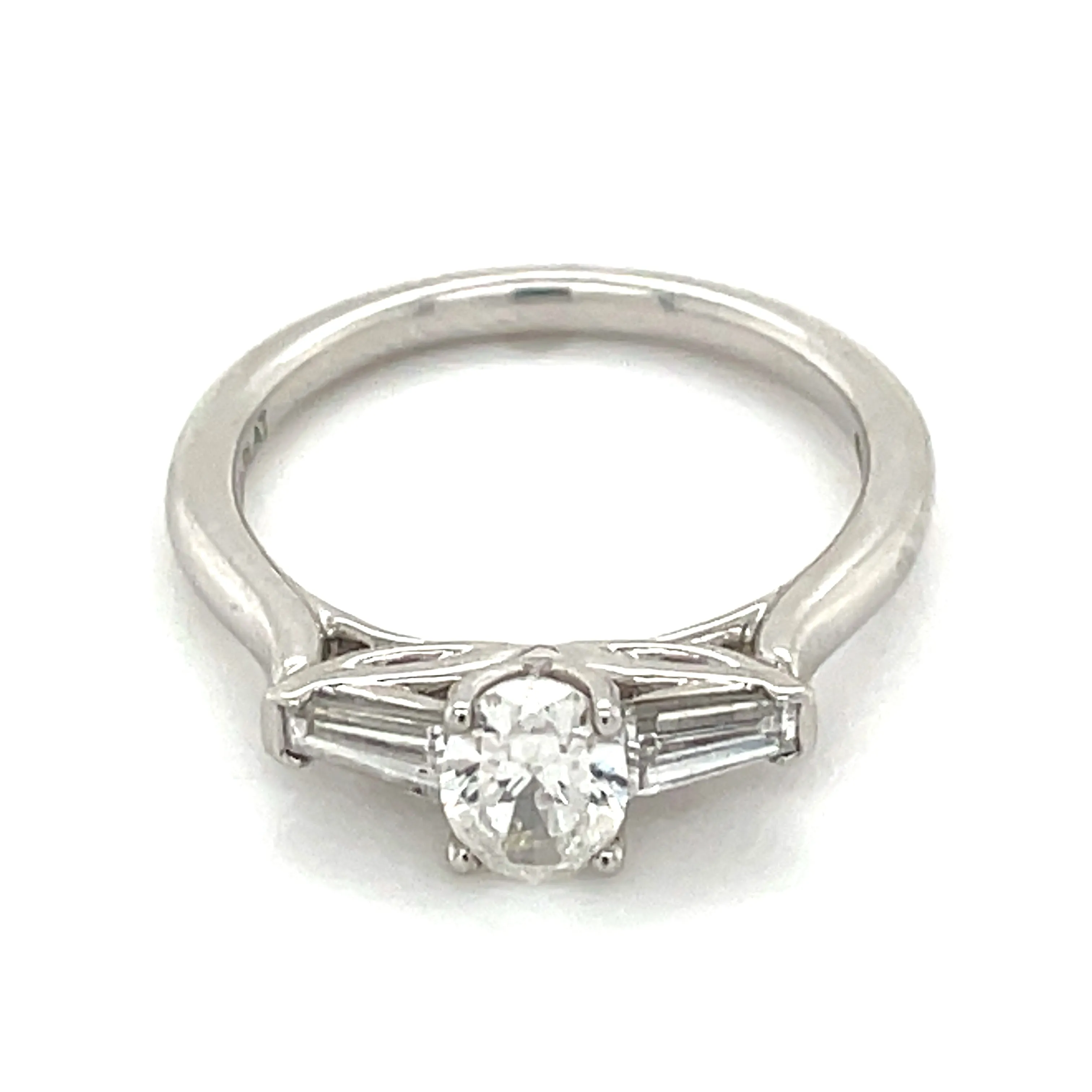 Platinum GIA Oval Diamond Engagement Ring with Baguette Side Stones