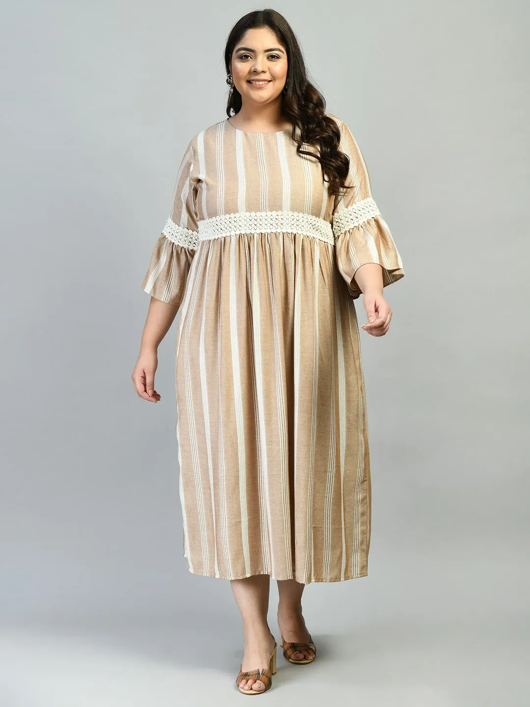 Plus Size Plus Size Beige Striped Lace Dress