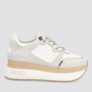 Scarpe Donna LIU JO Sneakers Maxi Platform in Pelle e Tessuto colore Bianco e Beige