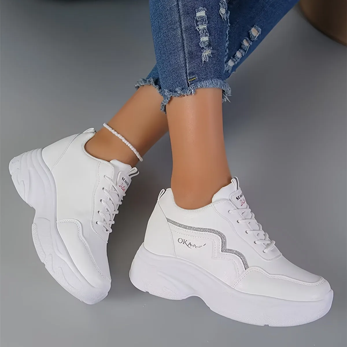 Stylish White Platform Sneakers Comfortable Casual Outdoor Shoes