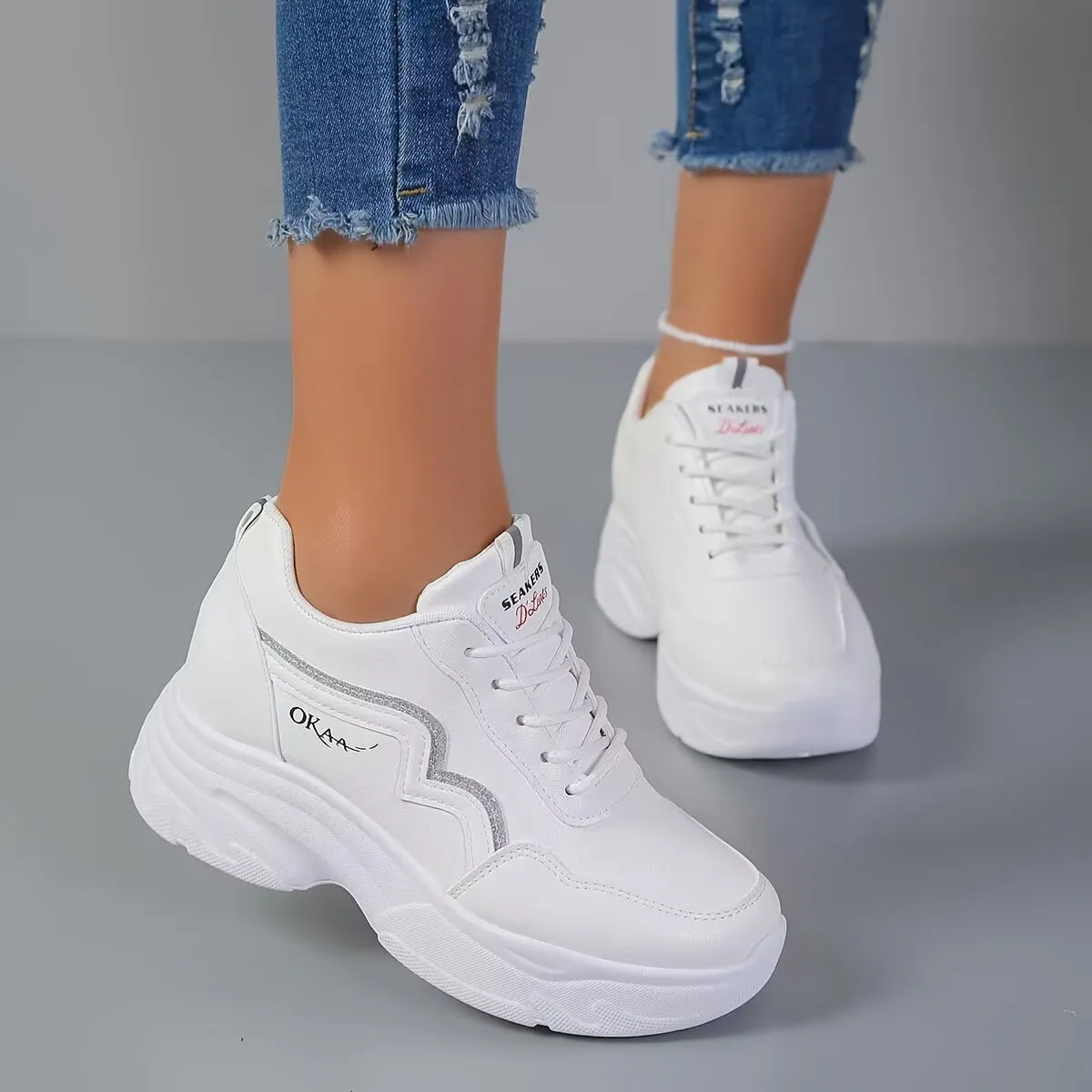 Stylish White Platform Sneakers Comfortable Casual Outdoor Shoes