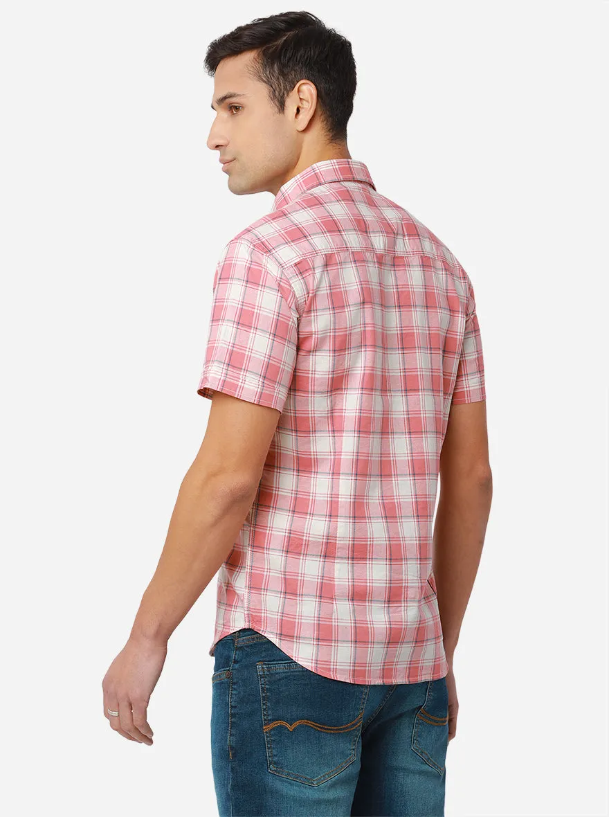 White & Rosette Pink Checked Slim Fit Semi Casual Shirt | Greenfibre