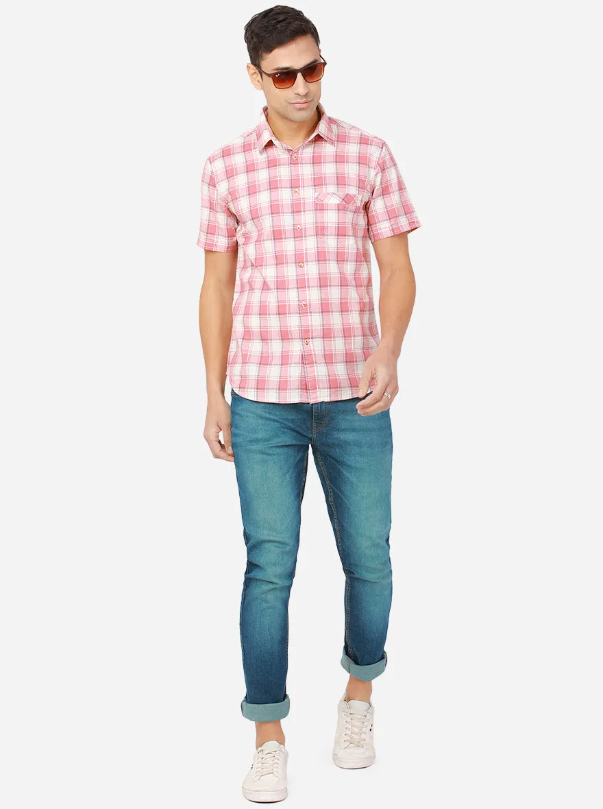 White & Rosette Pink Checked Slim Fit Semi Casual Shirt | Greenfibre