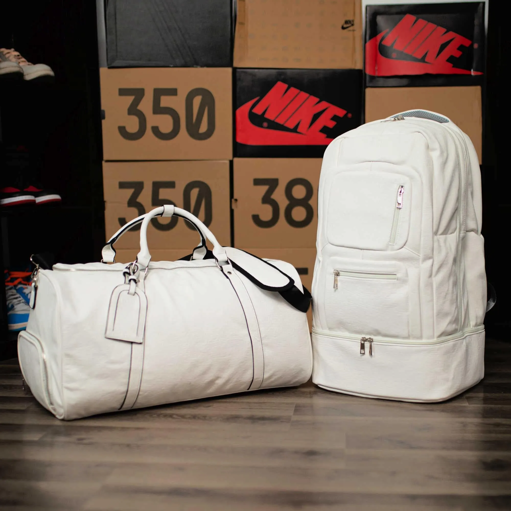 White Tumbled Leather Signature Bag Set (Signature and Duffle Bag)