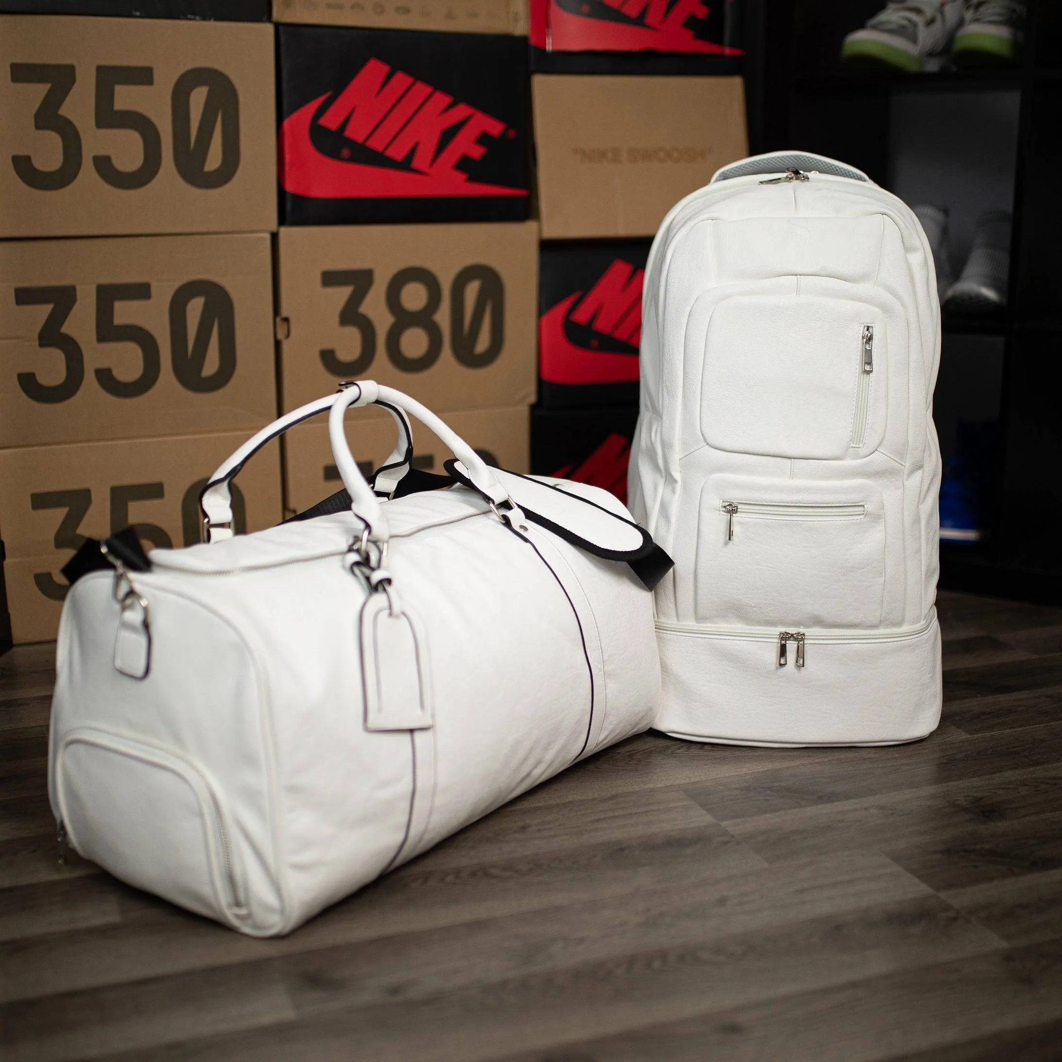 White Tumbled Leather Signature Bag Set (Signature and Duffle Bag)